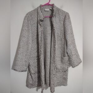 Chico's  3/XL Open Front Jacket Woven Metallic Plaid Tweed Coat Frayed Trim Pkts